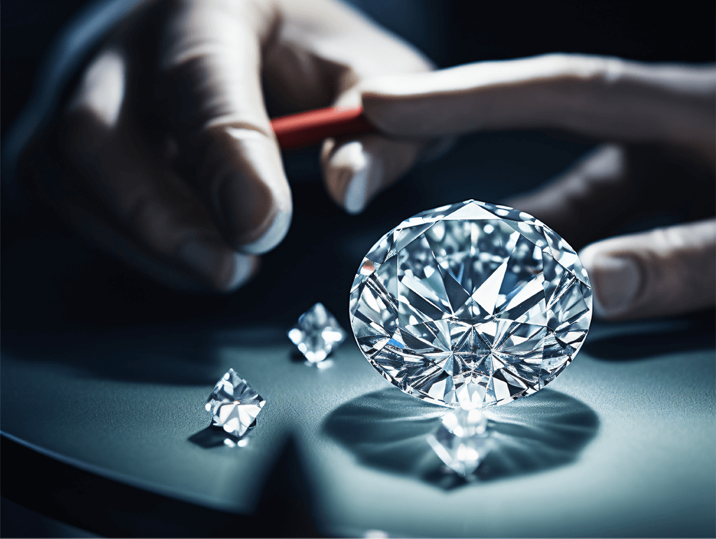 large diamond on a surface with blurred hands in latex gloves behind